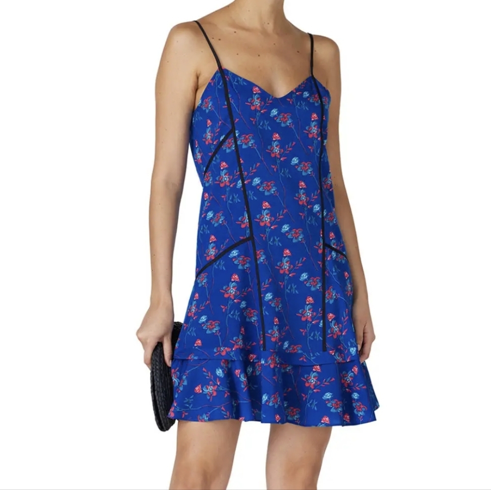 Thakoon Blue Floral-Print Dress with Red Accents Rent The Runway